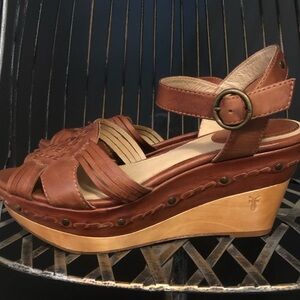 Frye Charlie Huarache Brown Wedge Sandal with Wood and Woven Leather Design